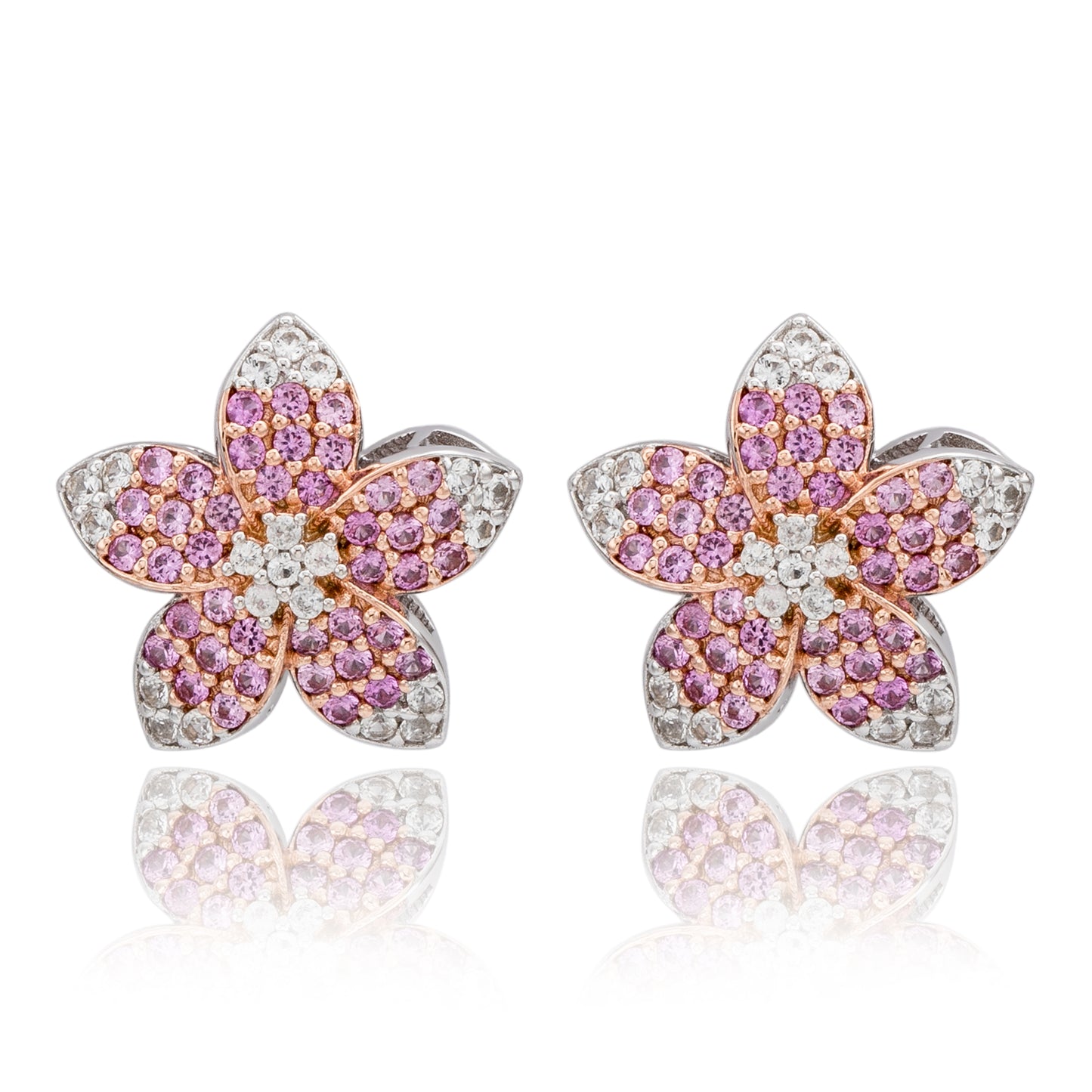 Suzy Levian Sterling Silver Pink Sapphire Created White Sapphire Flower Earrings