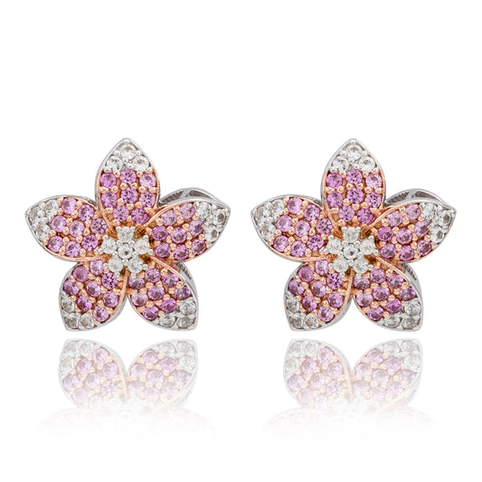 Suzy Levian Sterling Silver Pink Sapphire Created White Sapphire Flower Earrings
