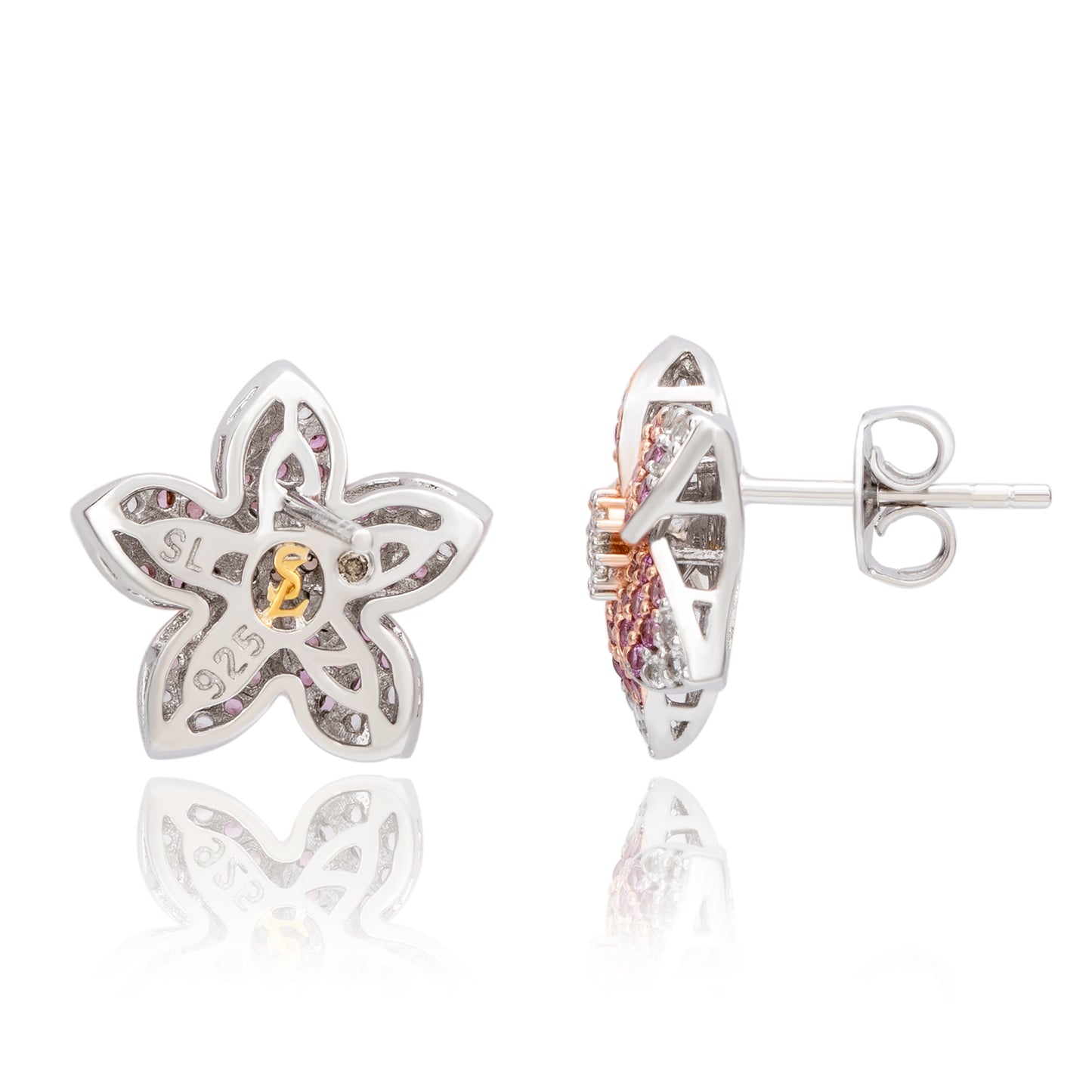 Suzy Levian Sterling Silver Pink Sapphire Created White Sapphire Flower Earrings