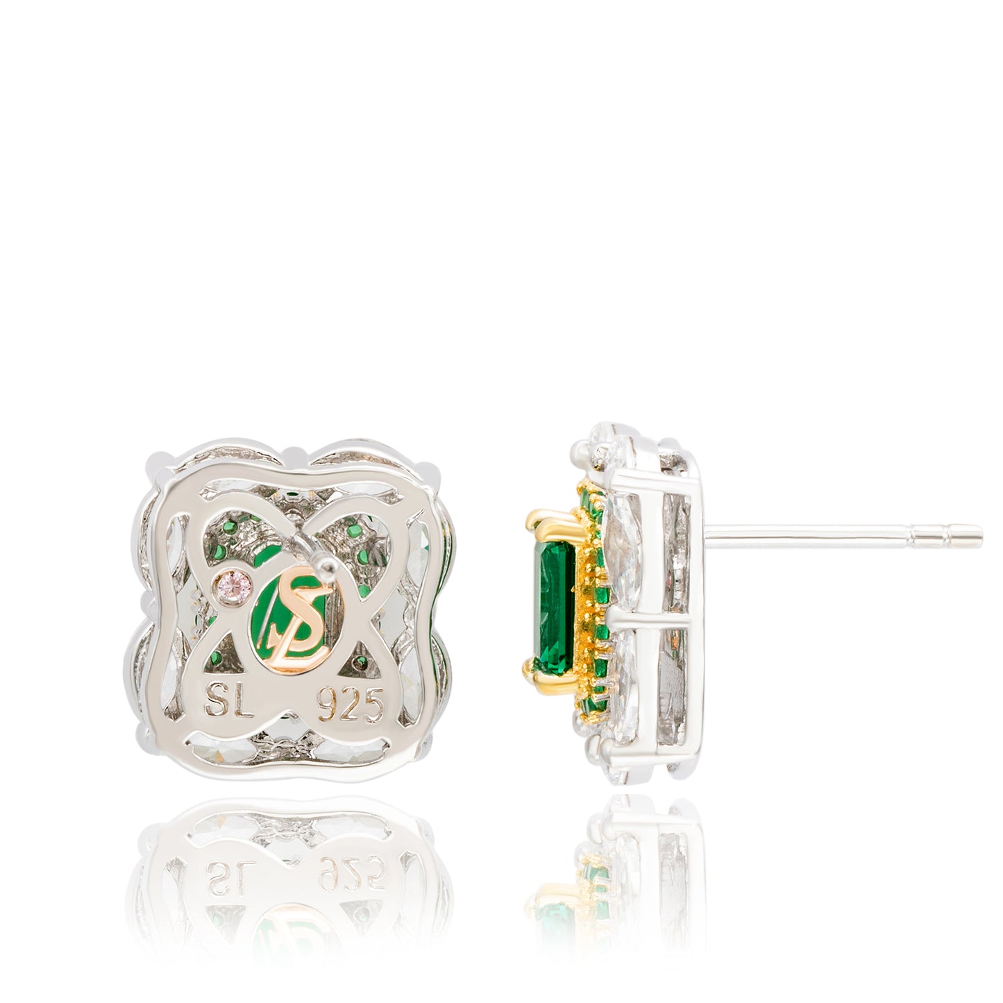 Suzy Levian Two Tone Sterling Silver Multi Cut Green & White Cubic Zirconia Cluster Earrings