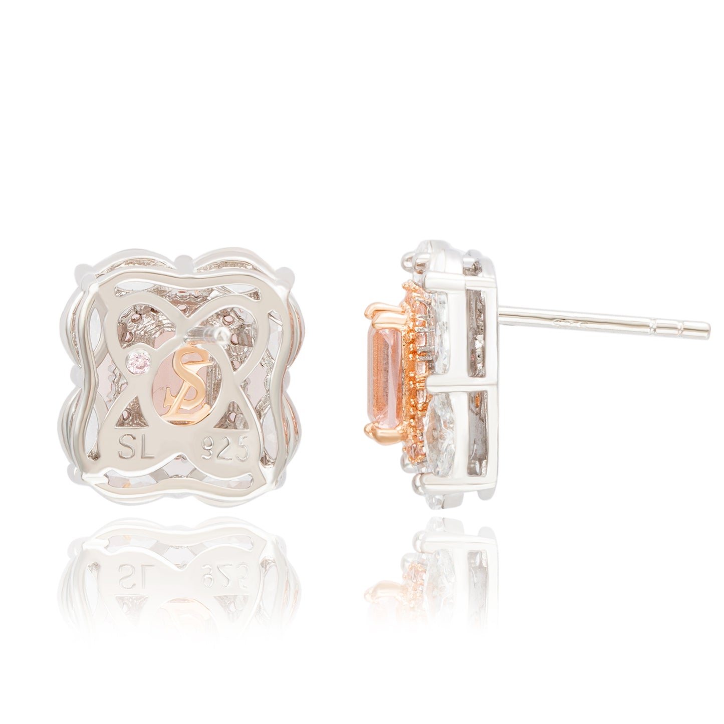 Suzy Levian Two Tone Sterling Silver Multi Cut Pink & White Cubic Zirconia Cluster Earrings