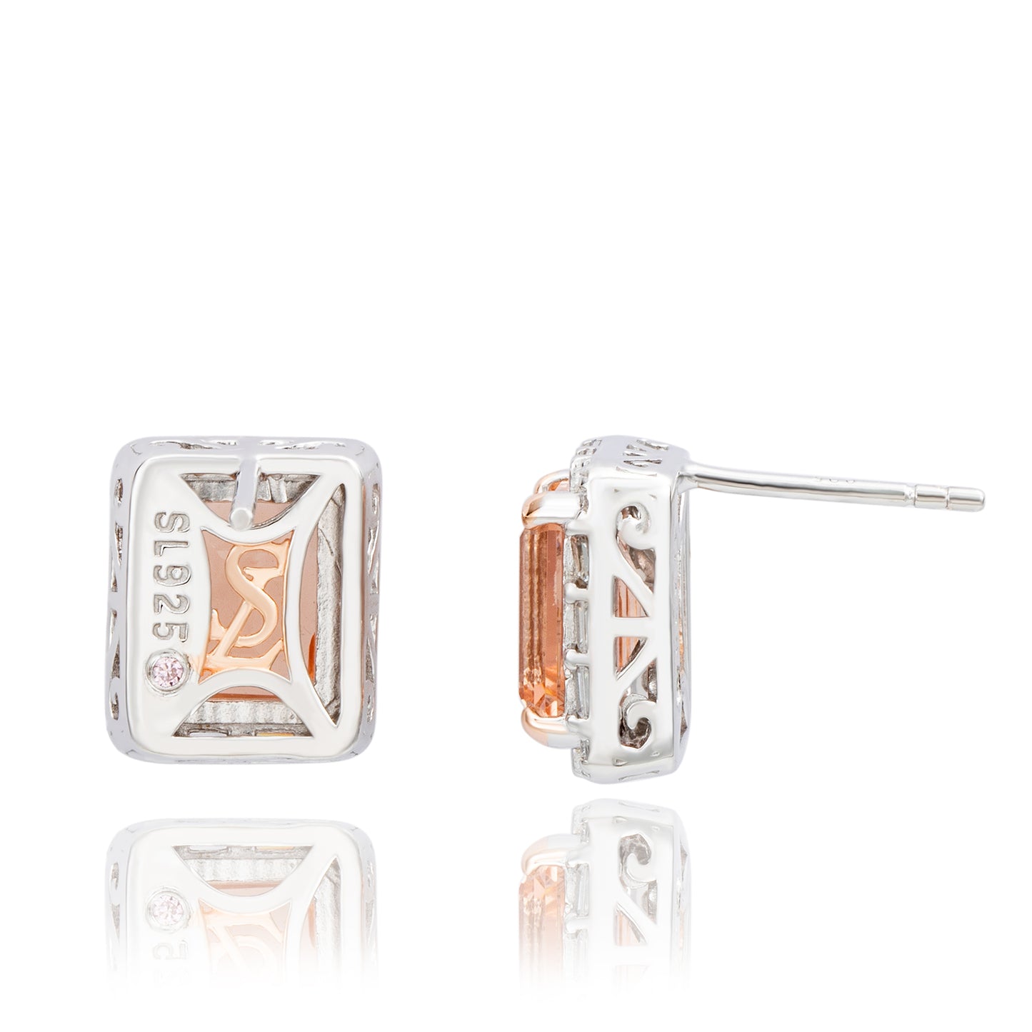 Suzy Levian Sterling Silver Emerald Cut Pink CZ And White CZ Stud Earrings