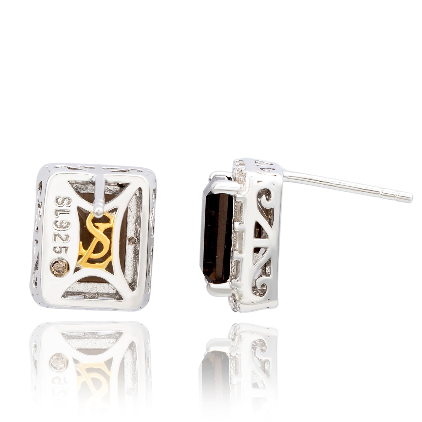Suzy Levian Sterling Silver Emerald Cut Smoky Quartz And White Topaz Stud Earrings