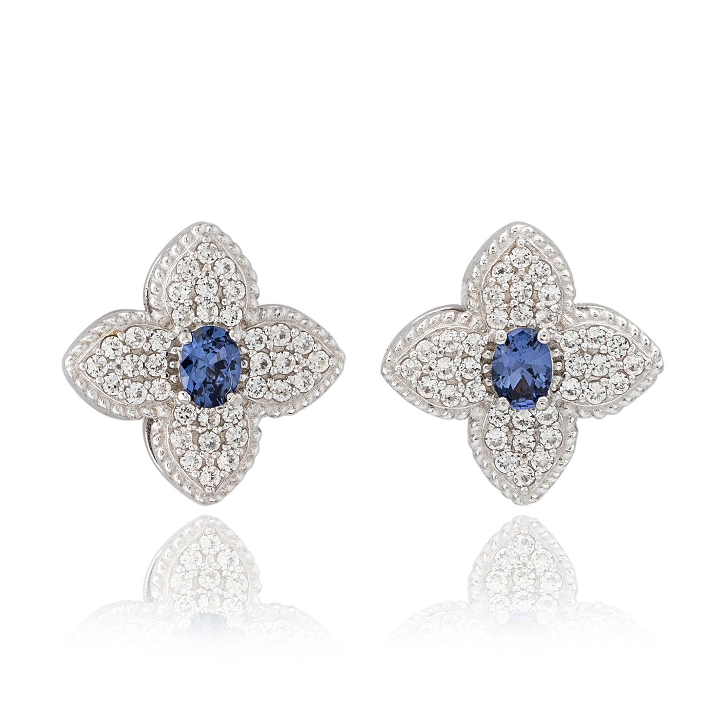 Suzy Levian Sterling Silver Clover Blue Sapphire & Created White Sapphire Stud Earring