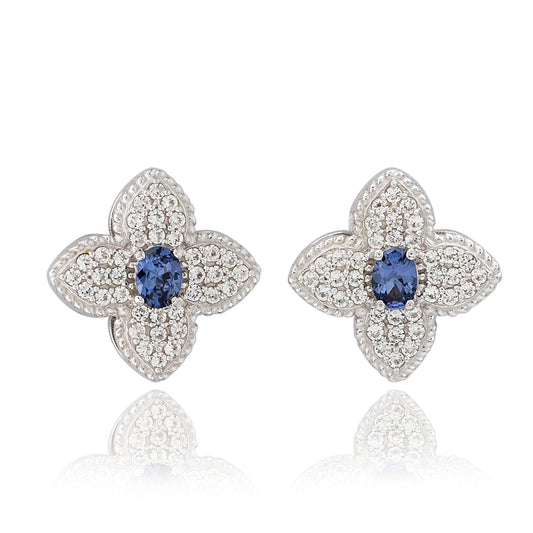 Suzy Levian Sterling Silver Clover Blue Sapphire & Created White Sapphire Stud Earring