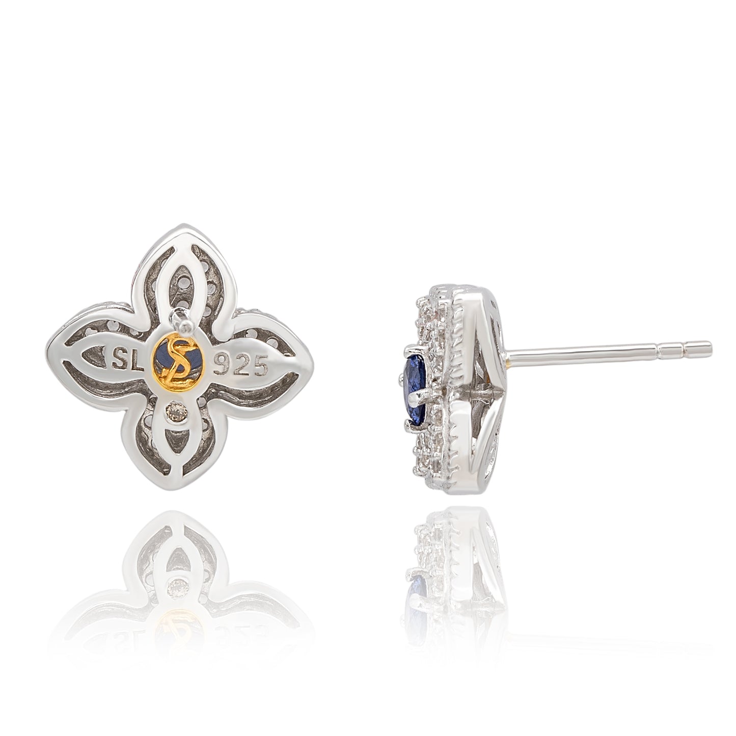Suzy Levian Sterling Silver Clover Blue Sapphire & Created White Sapphire Stud Earring