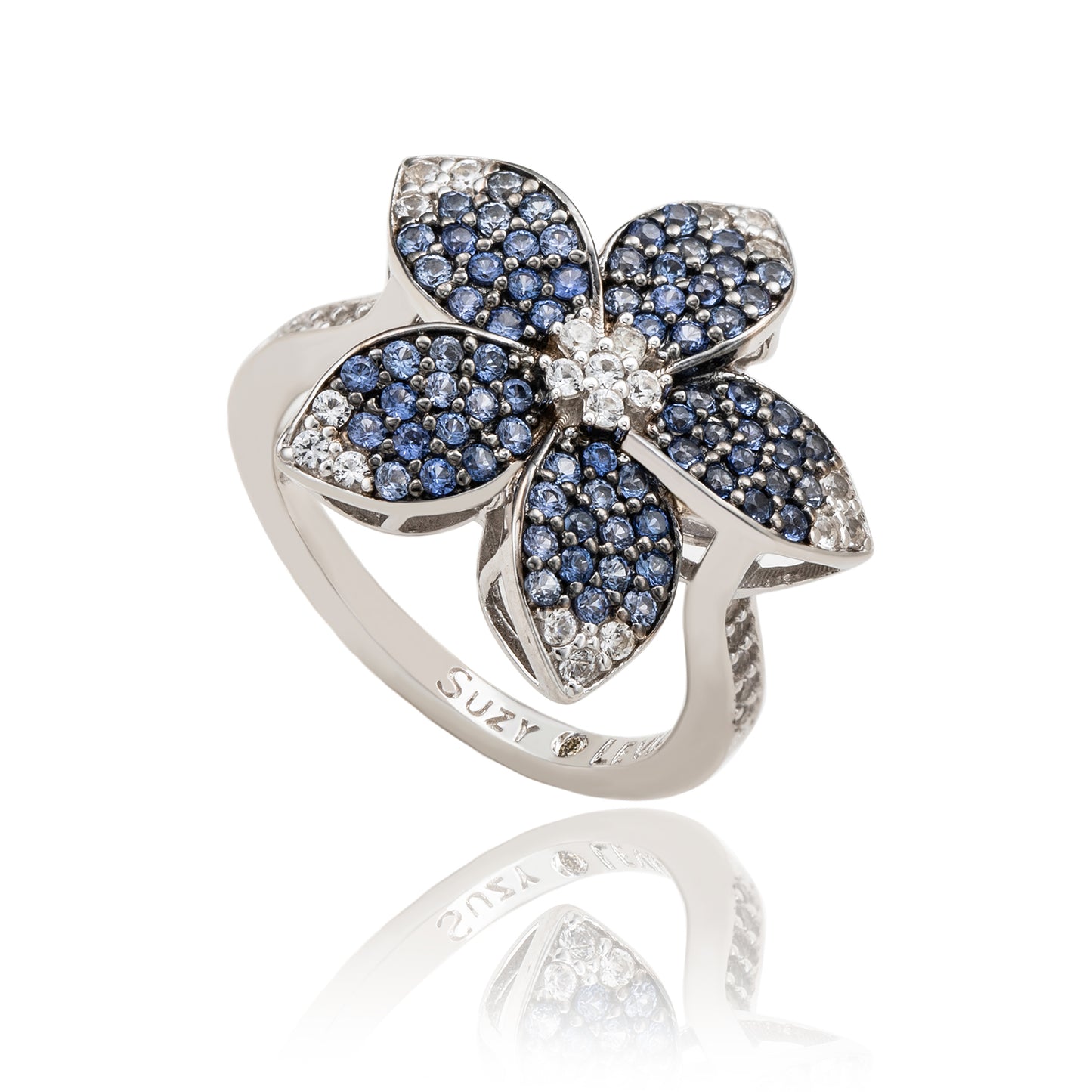 Suzy Levian Sterling Silver Blue Sapphire & White Sapphire Flower Ring