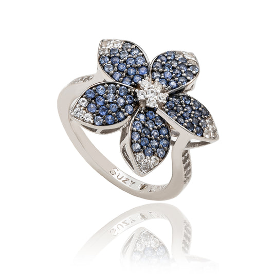 Suzy Levian Sterling Silver Blue Sapphire & White Sapphire Flower Ring