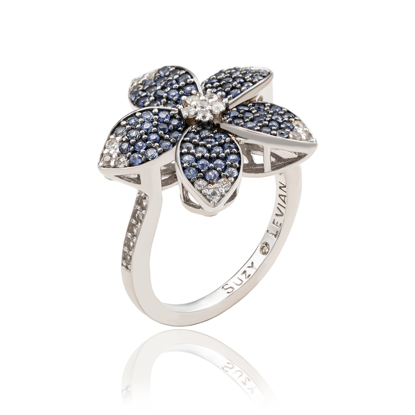 Suzy Levian Sterling Silver Blue Sapphire & White Sapphire Flower Ring