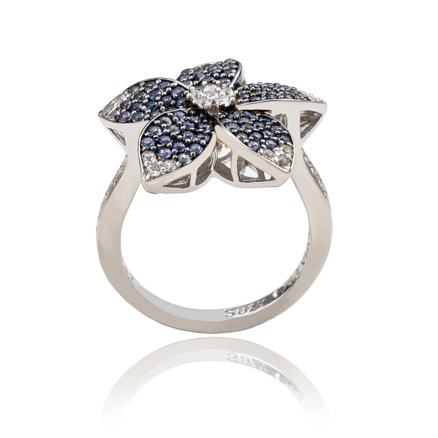 Suzy Levian Sterling Silver Blue Sapphire & White Sapphire Flower Ring