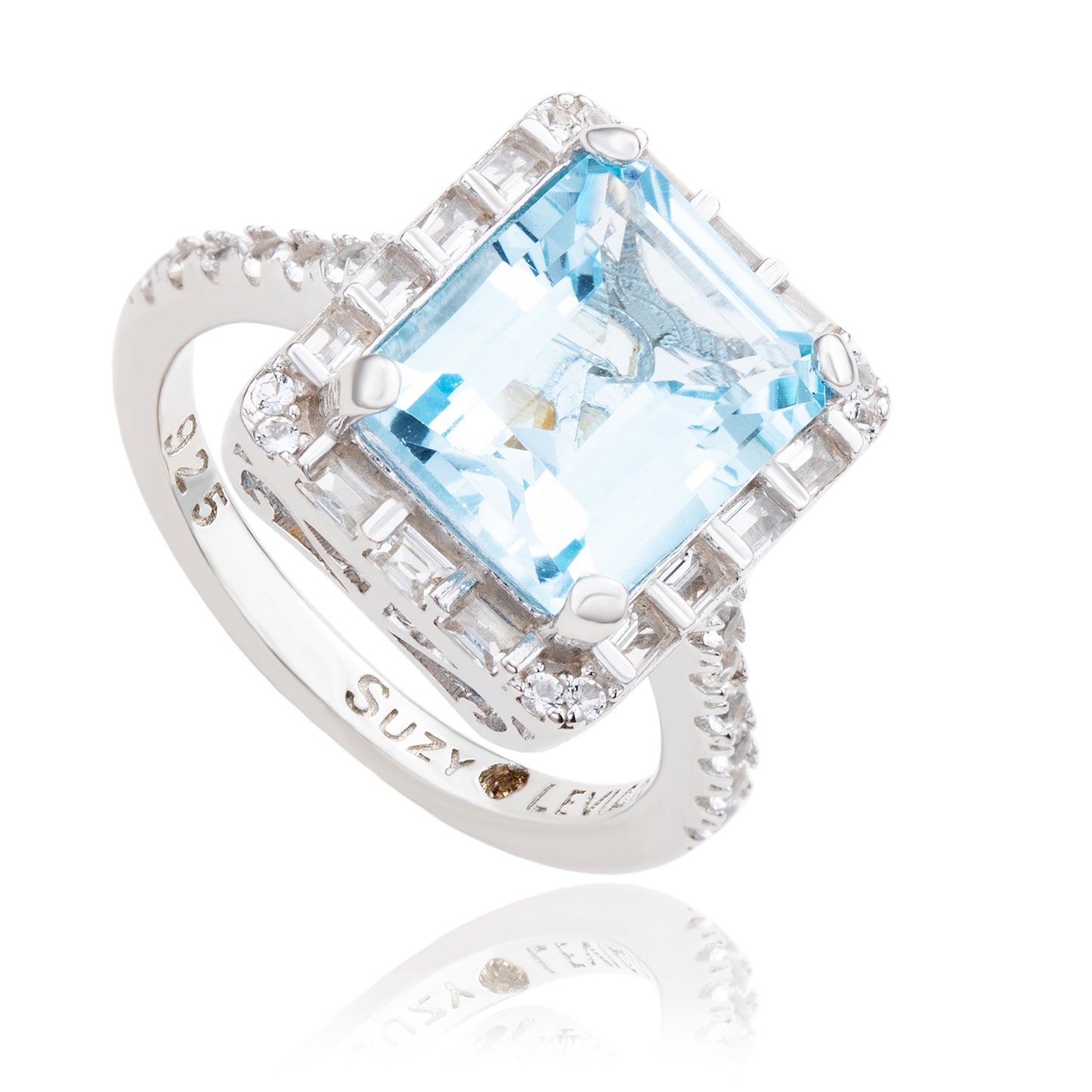 Suzy Levian Sterling Silver Emerald Cut Blue Topaz Halo Ring