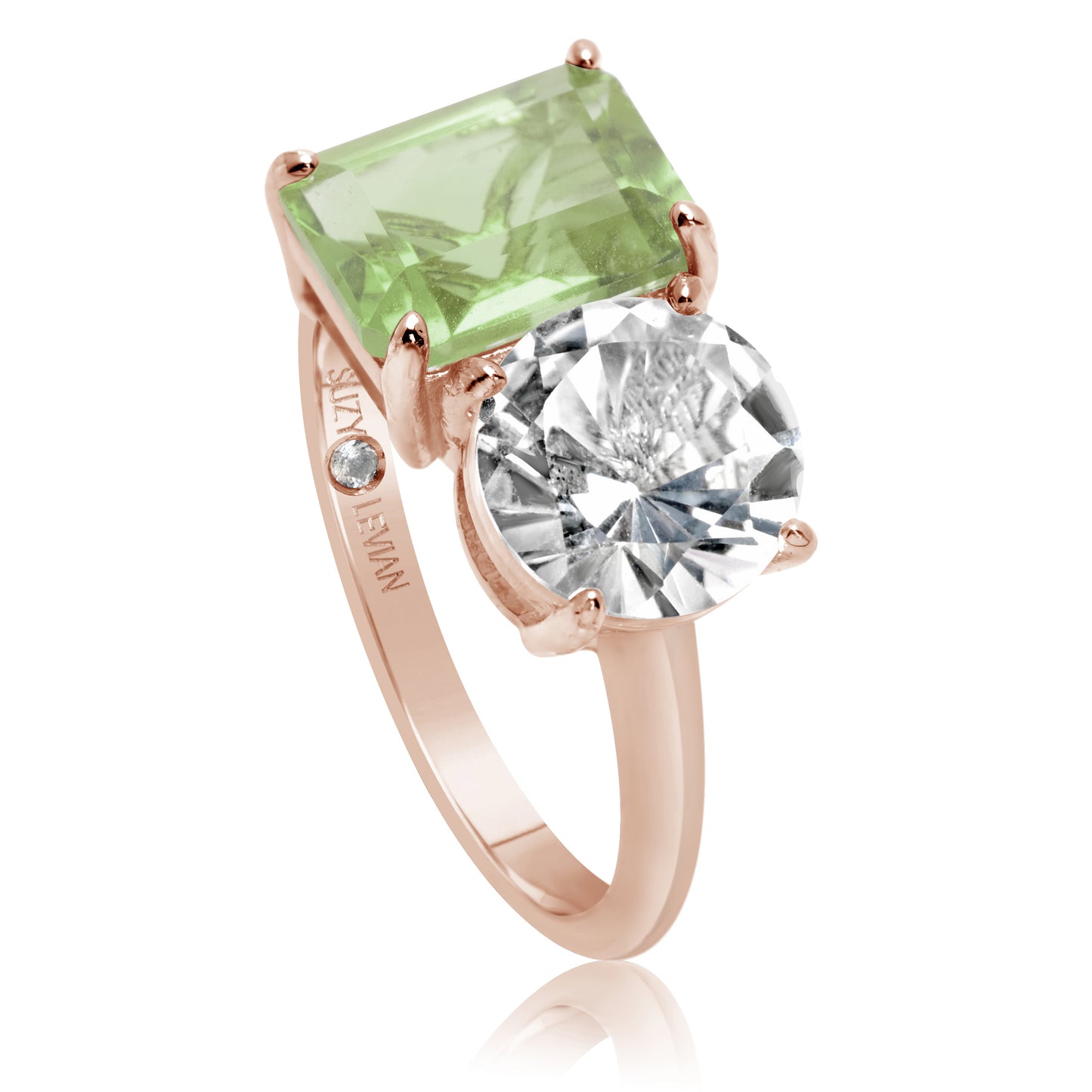 Suzy Levian Rose Sterling Silver White Topaz & Green Amethyst Two Stone Ring
