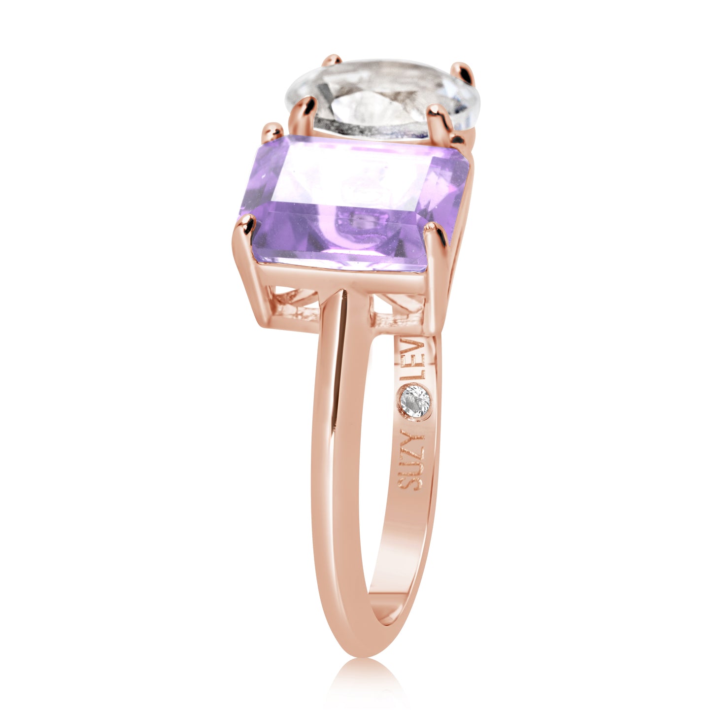 Suzy Levian Rose Sterling Silver White Topaz & Purple Amethyst Two Stone Ring