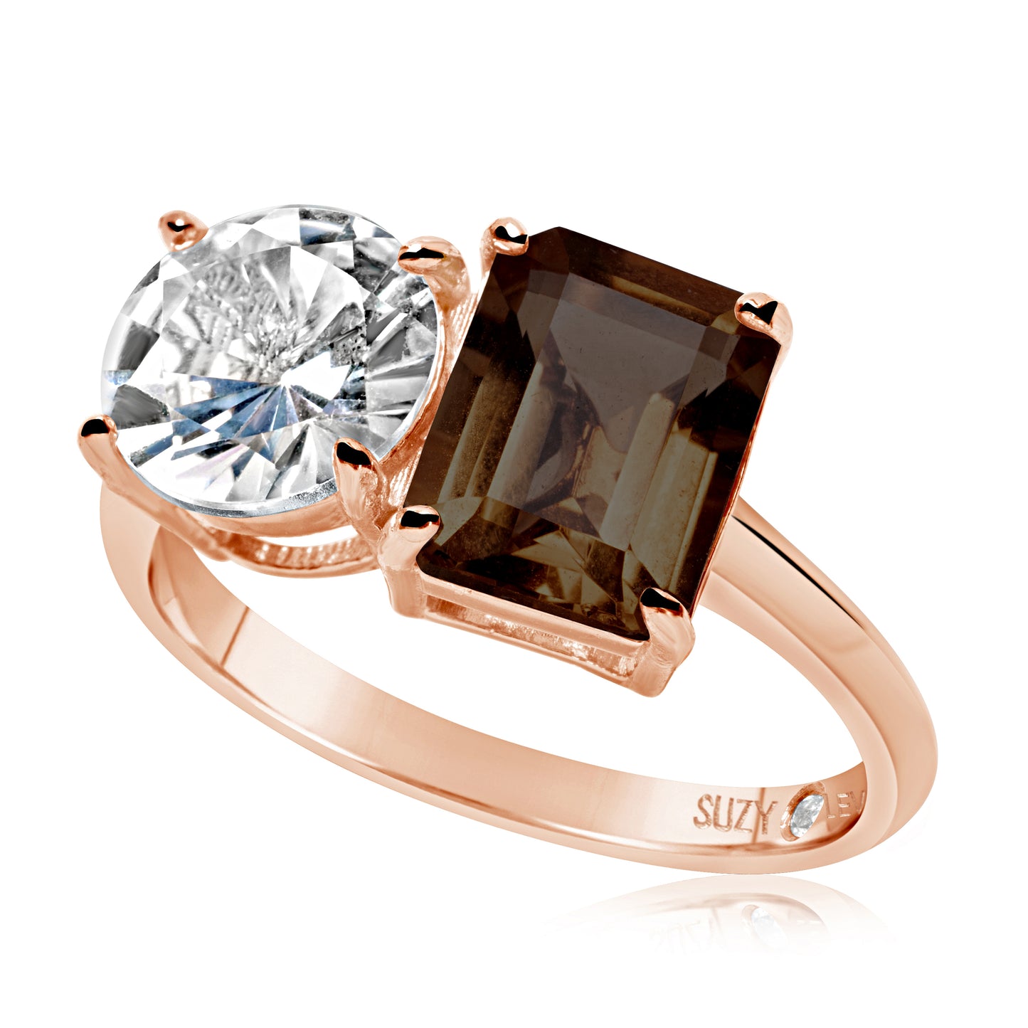 Suzy Levian Rose Sterling Silver White Topaz & Smoky Quartz Two Stone Ring