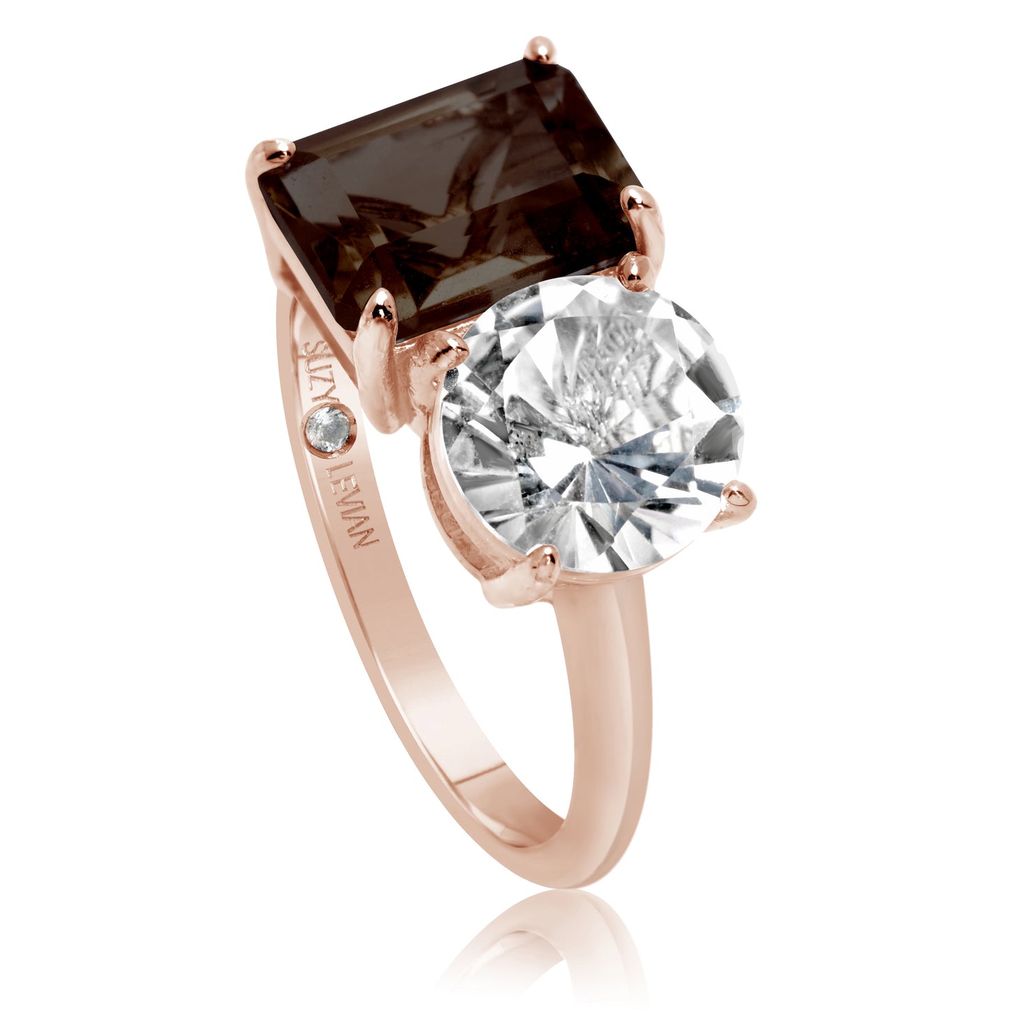 Suzy Levian Rose Sterling Silver White Topaz & Smoky Quartz Two Stone Ring