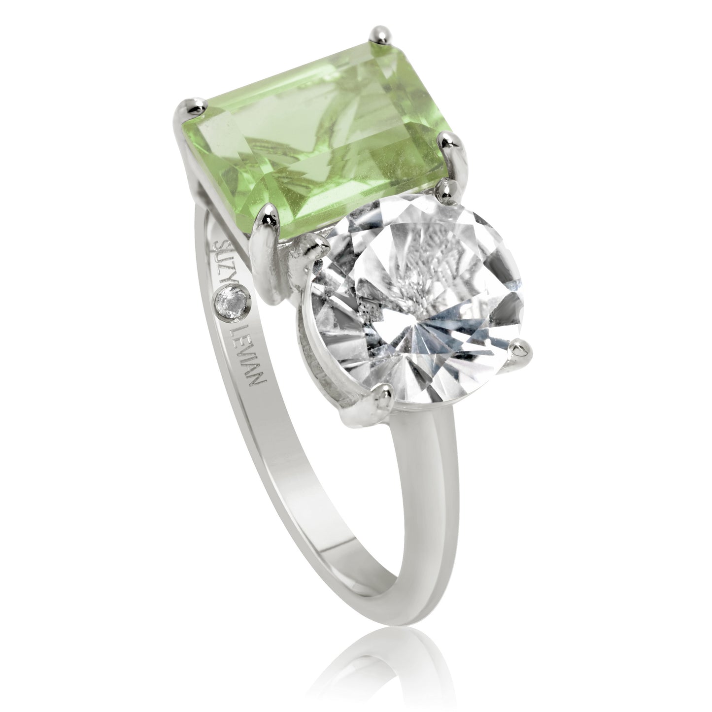 Suzy Levian Sterling Silver White Topaz & Green Amethyst Two Stone Ring