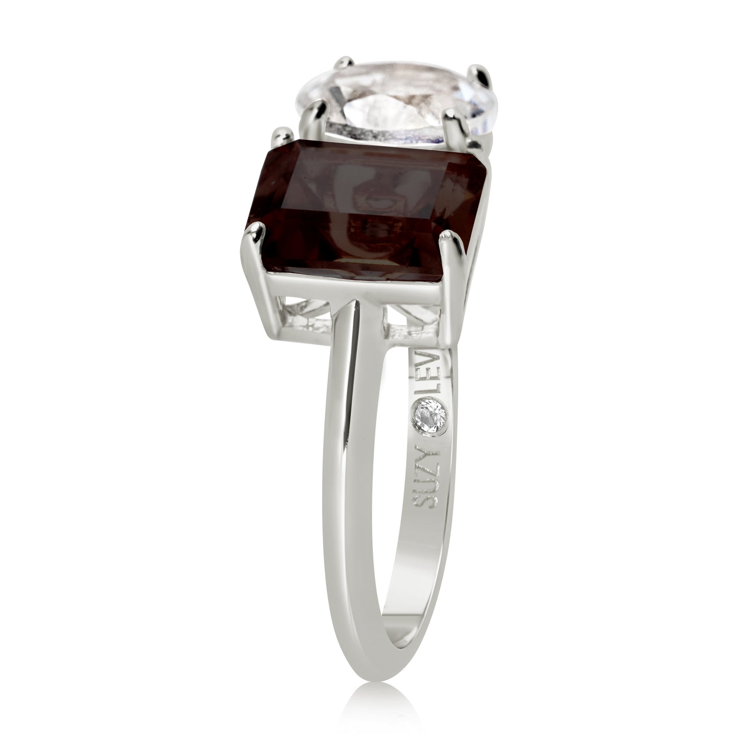 Suzy Levian Sterling Silver White Topaz & Smoky Quartz Two Stone Ring