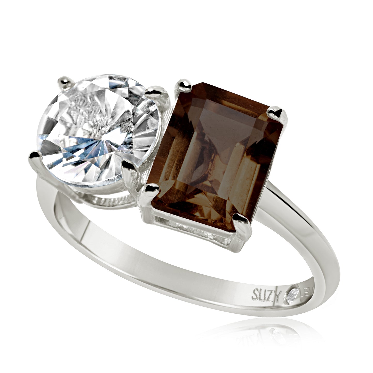 Suzy Levian Sterling Silver White Topaz & Smoky Quartz Two Stone Ring