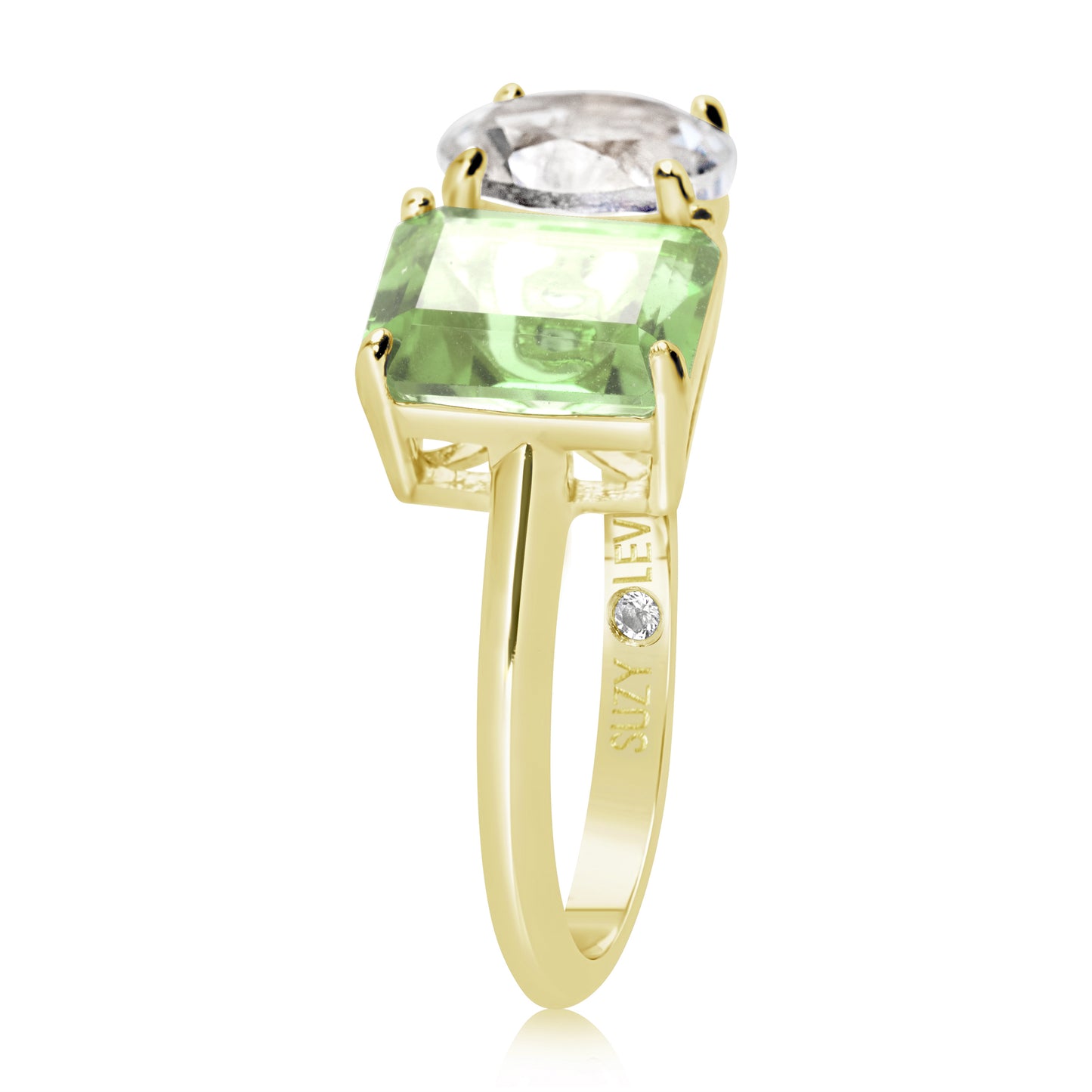 Suzy Levian Yellow Sterling Silver White Topaz & Green Amethyst Two Stone Ring