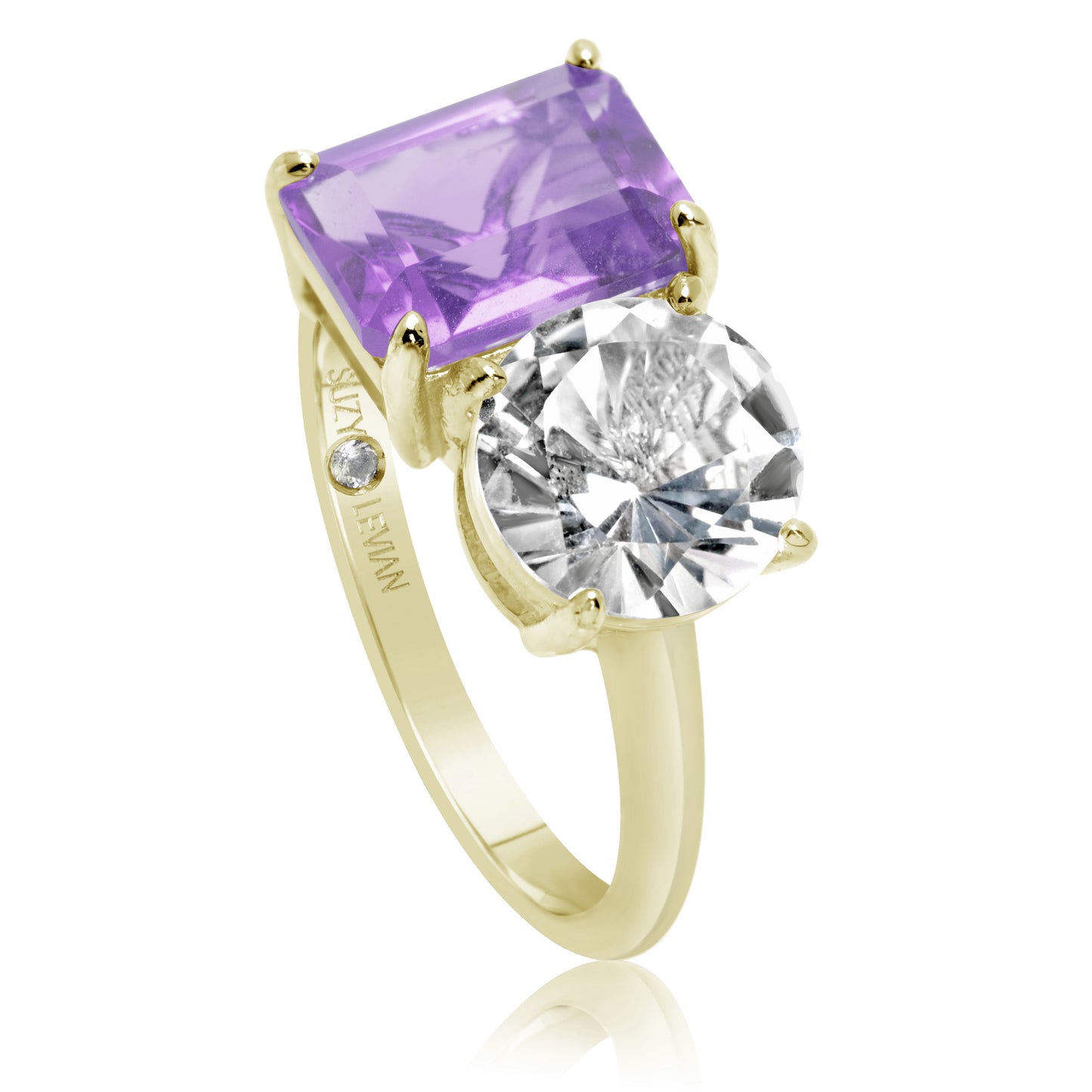 Suzy Levian Yellow Sterling Silver White Topaz & Purple Amethyst Two Stone Ring