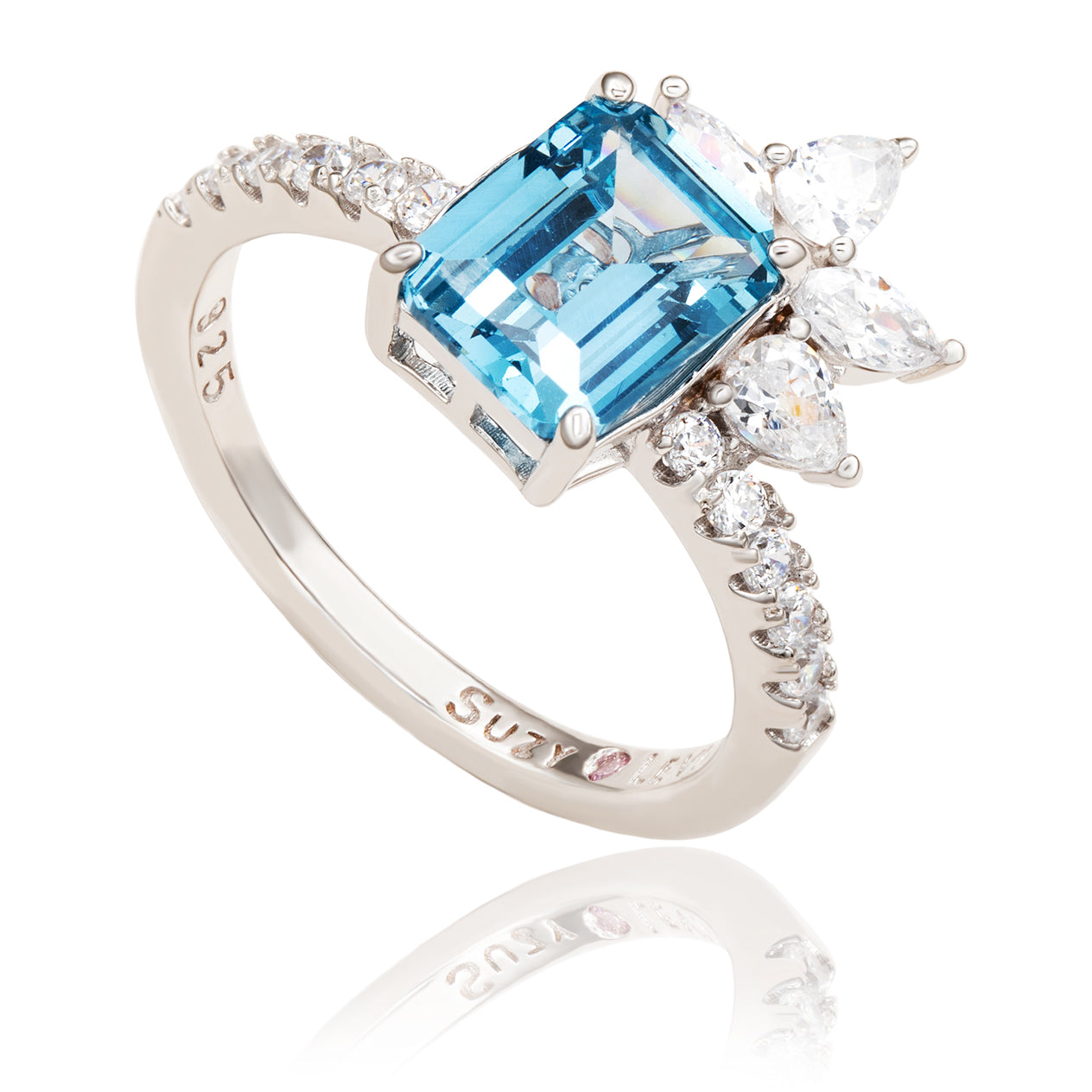 Suzy Levian Sterling Silver Aqua & White Cubic Zirconia Ring