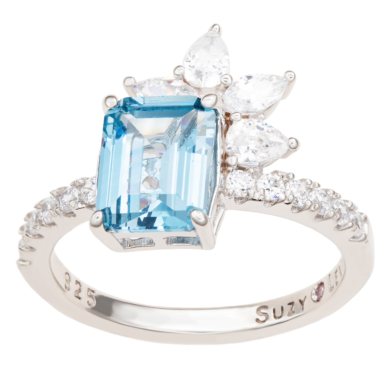Suzy Levian Sterling Silver Aqua & White Cubic Zirconia Ring