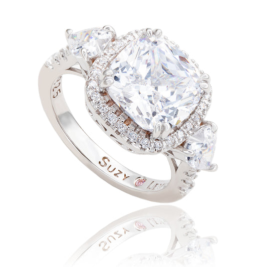 Suzy Levian Sterling Silver Cushion Cut White Cubic Zirconia Halo Bridal Ring