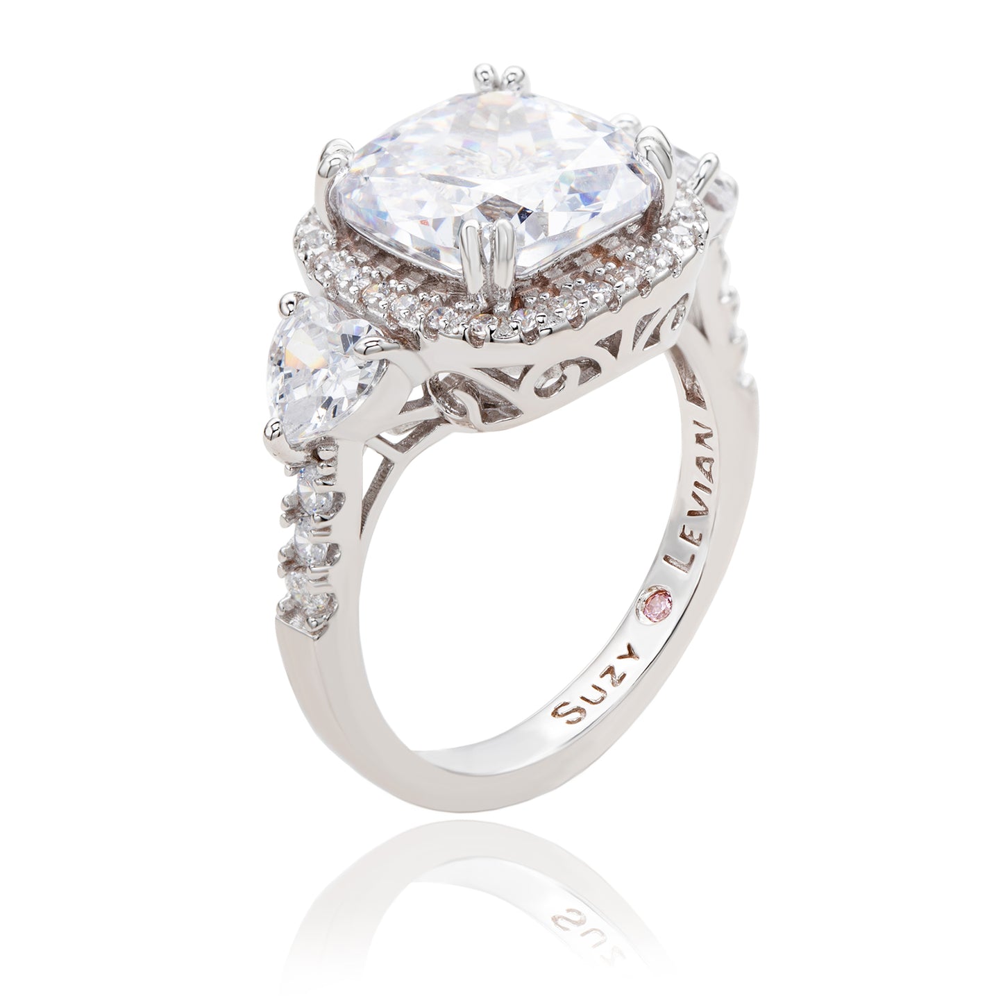 Suzy Levian Sterling Silver Cushion Cut White Cubic Zirconia Halo Bridal Ring