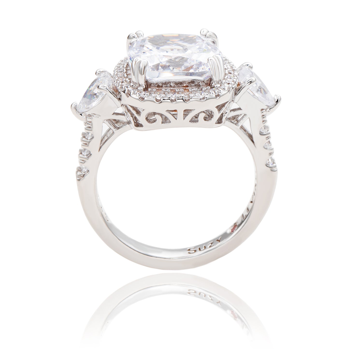 Suzy Levian Sterling Silver Cushion Cut White Cubic Zirconia Halo Bridal Ring