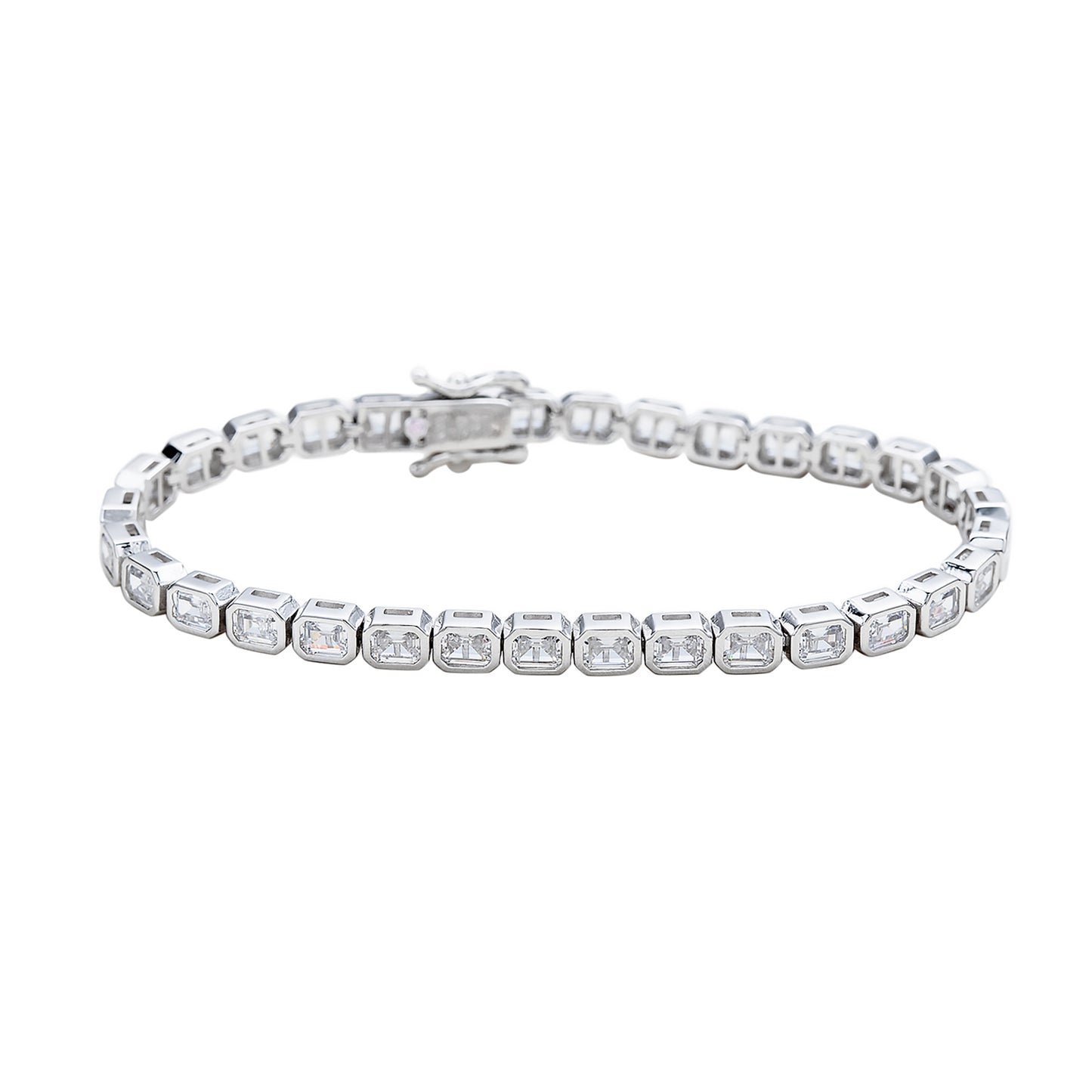 Suzy Levian Emerald Cut Cubic Zirconia Sterling Silver Bezel Set East West 7 inch Tennis Bracelet