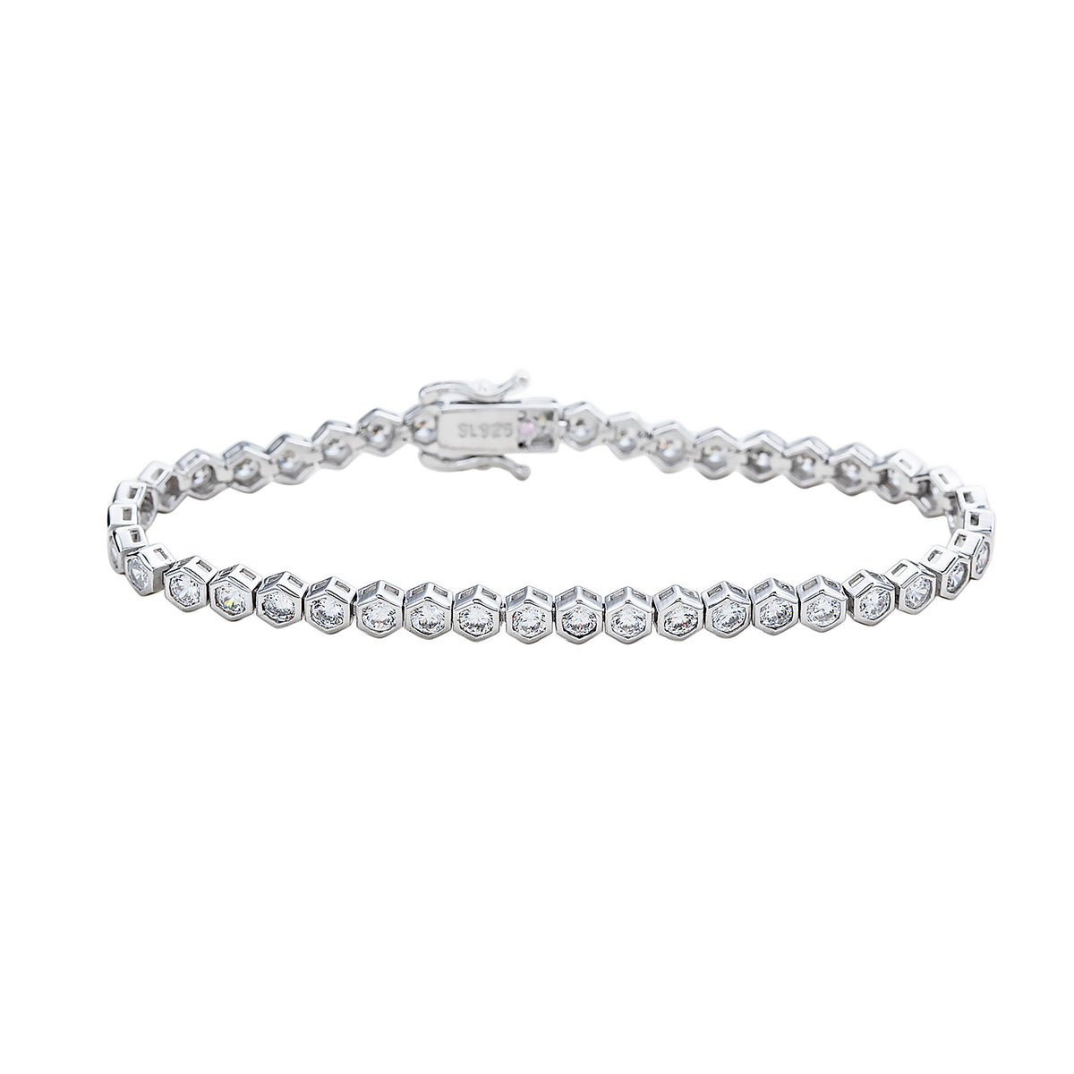 Suzy Levian Cubic Zirconia Sterling Silver Bezel Hexagon Set 7 inch Tennis Bracelet