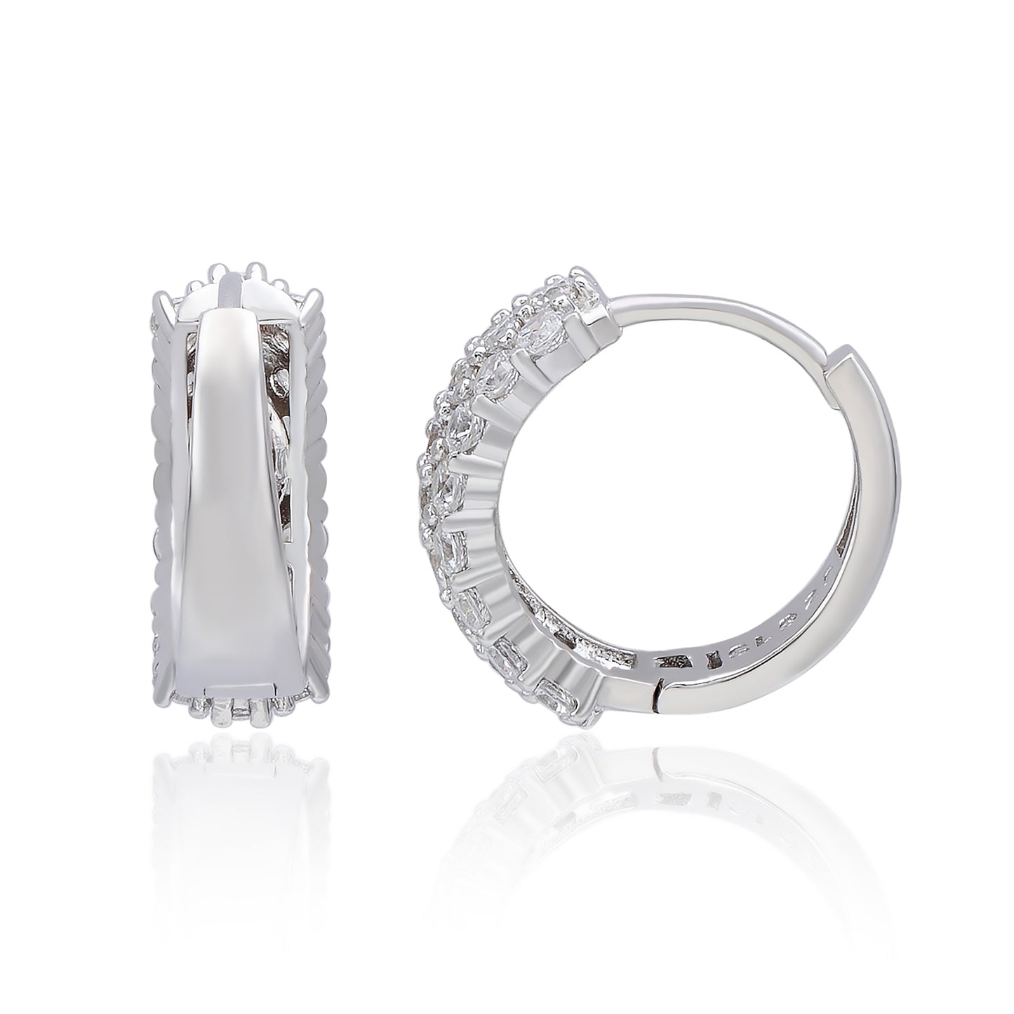 Suzy Levian Sterling Silver & White Cubic Zirconia Three Row Huggie Hoop Earrings