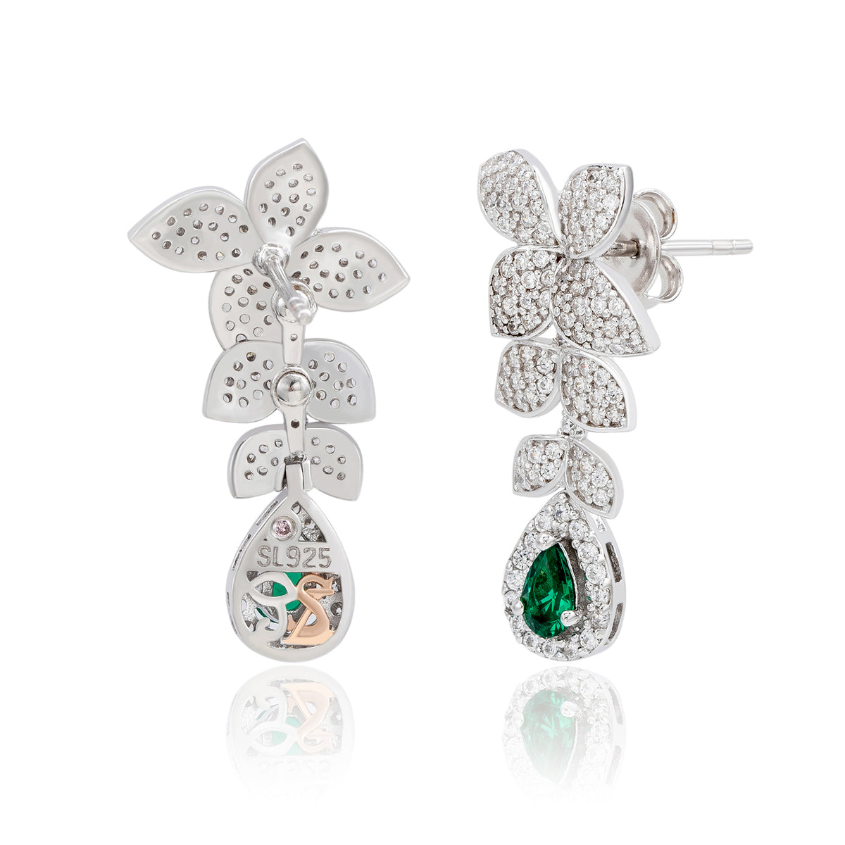 Suzy Levian Sterling Silver Green and White Cubic Zirconia Pear Shapes Flower Drop Earrings