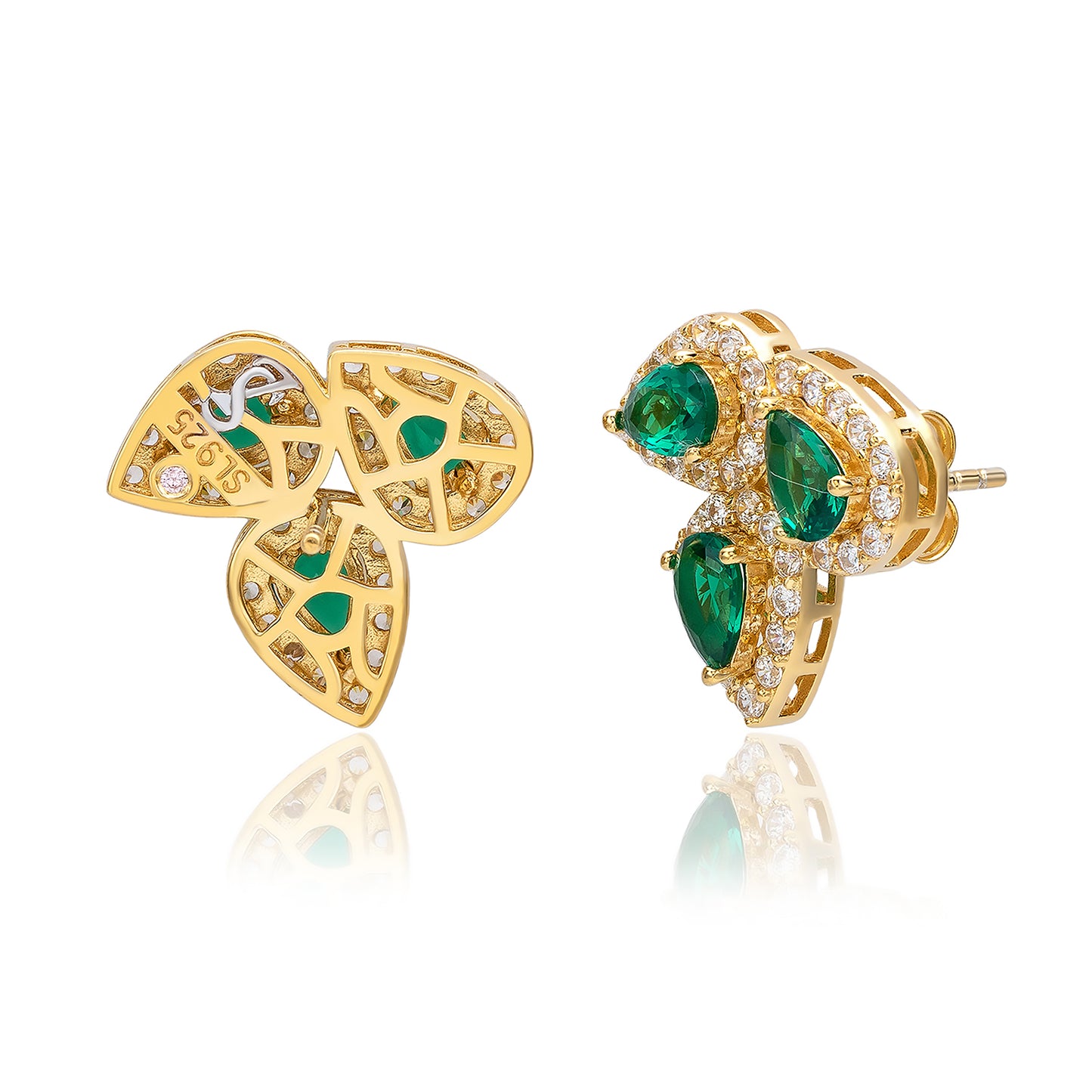 Suzy Levian Yellow Sterling Silver Pear Shape Green & White Cubic Zirconia Earrings