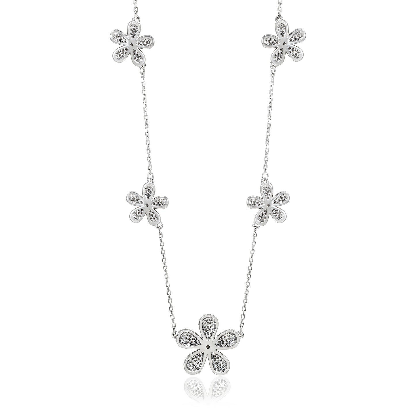 Suzy Levian Sterling Silver White Cubic Zirconia Pave Flower Station Necklace