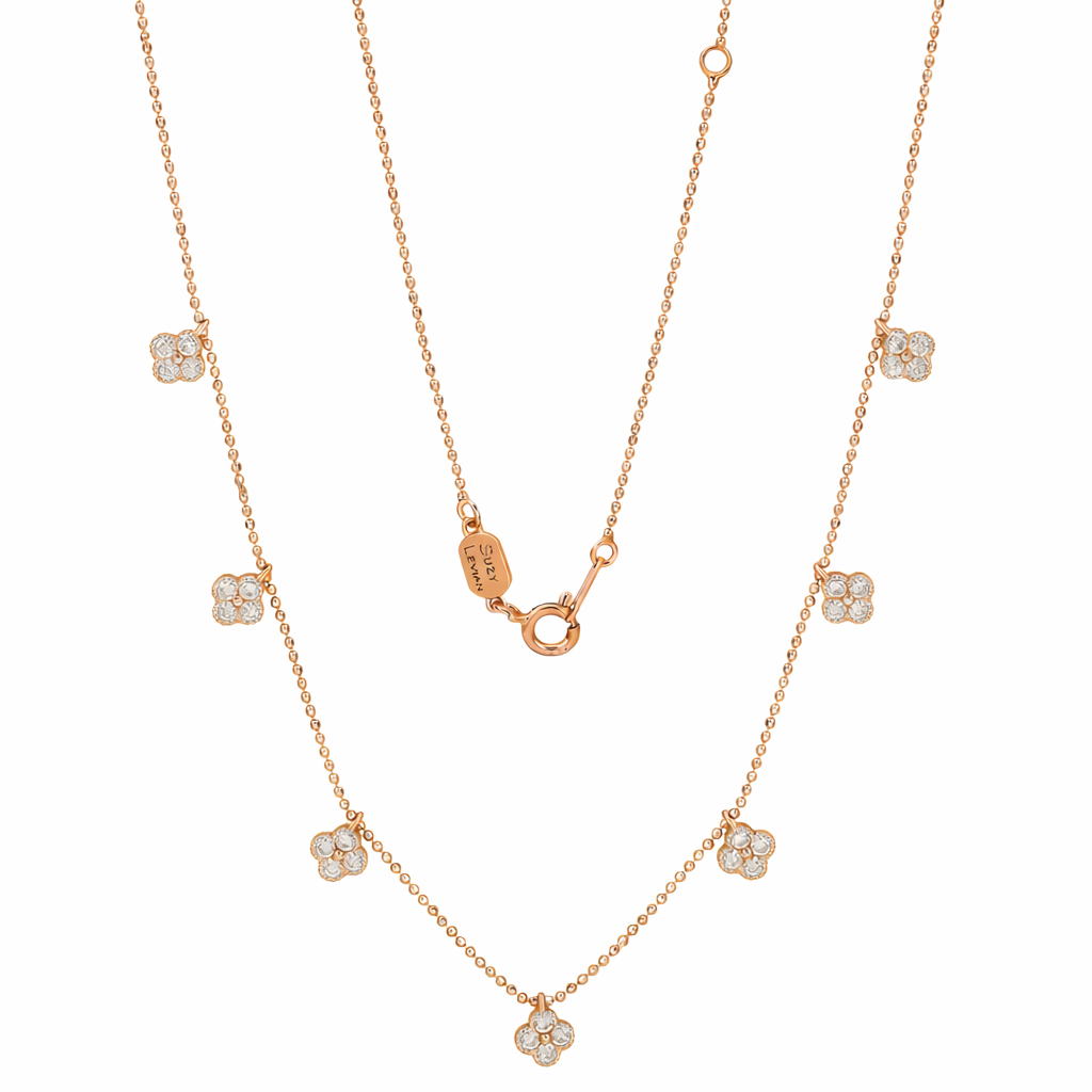 Suzy Levian Rose Sterling Silver White Cubic Zirconia Clover Drop Station Necklace