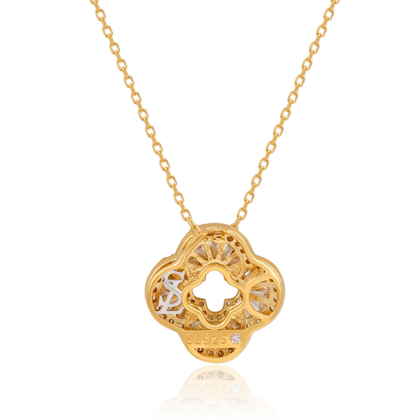 Suzy Levian Yellow Sterling Silver White Cubic Zirconia Baguette Pave Flower Clover Pendant Necklace