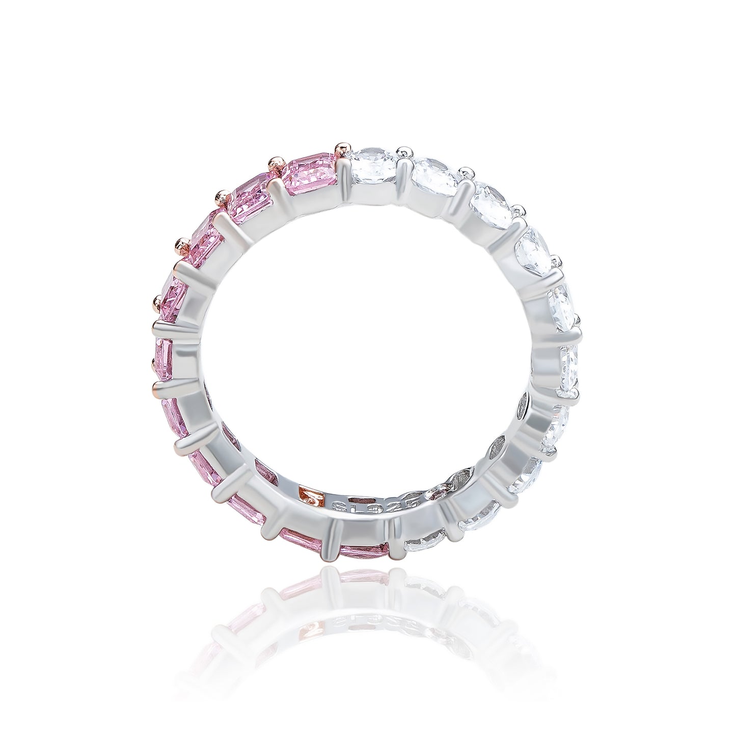 Suzy Levian Sterling Silver Half & Half Pink Emerald Cut White Oval Eternity Band