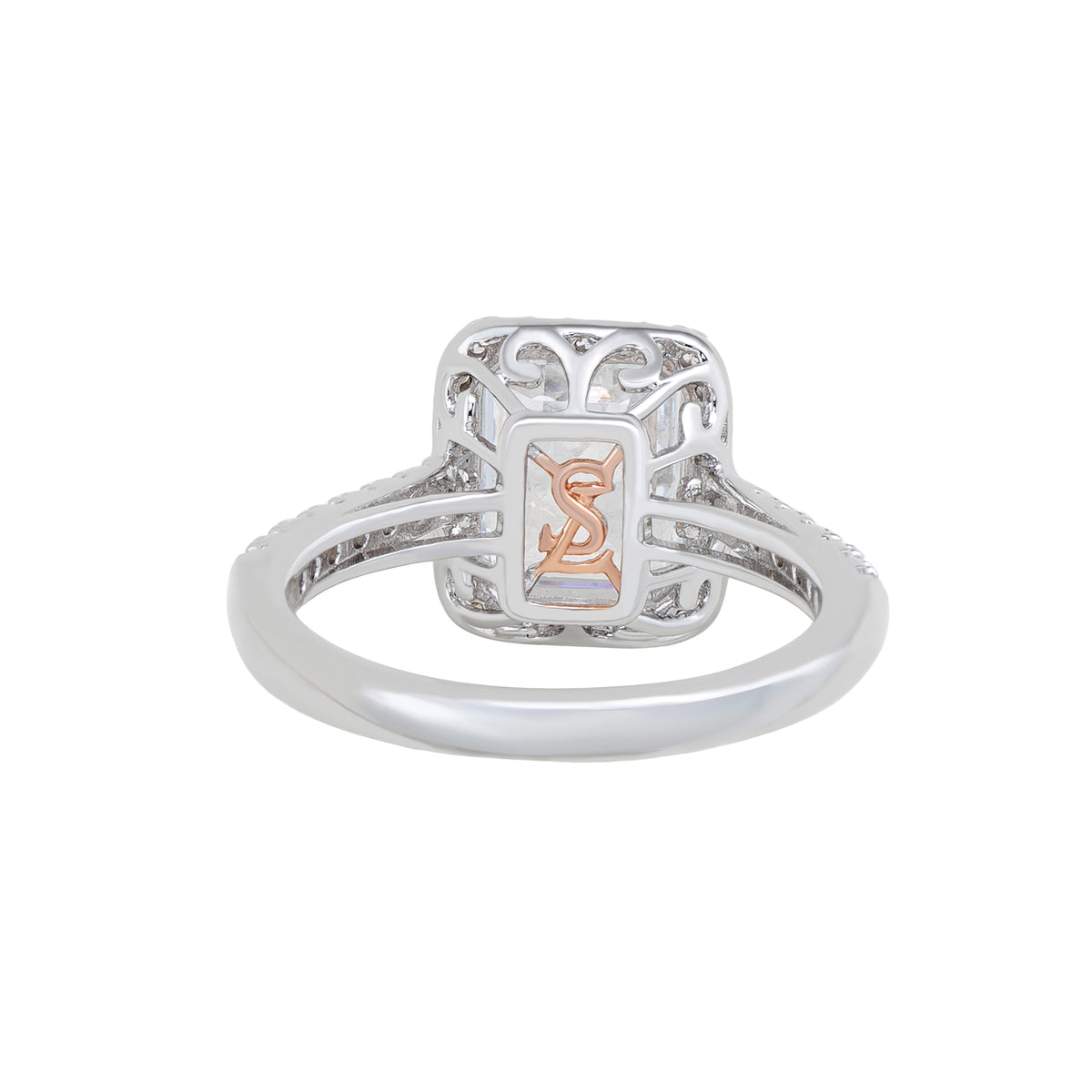 Suzy Levian Sterling Silver Emerald Cut White Cubic Zirconia Halo Engagement Ring