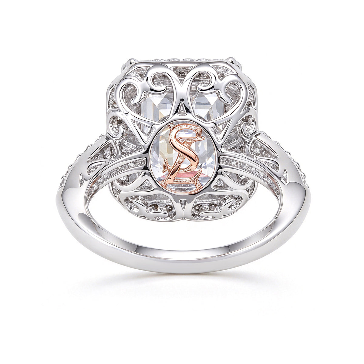 Suzy Levian Sterling Silver Large Emerald Cut White Cubic Zirconia Halo Engagement Ring
