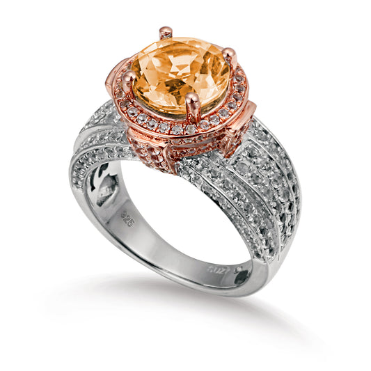 Suzy Levian Two-Tone Sterling Silver Round 5.71 cttw Orange Citrine Ring