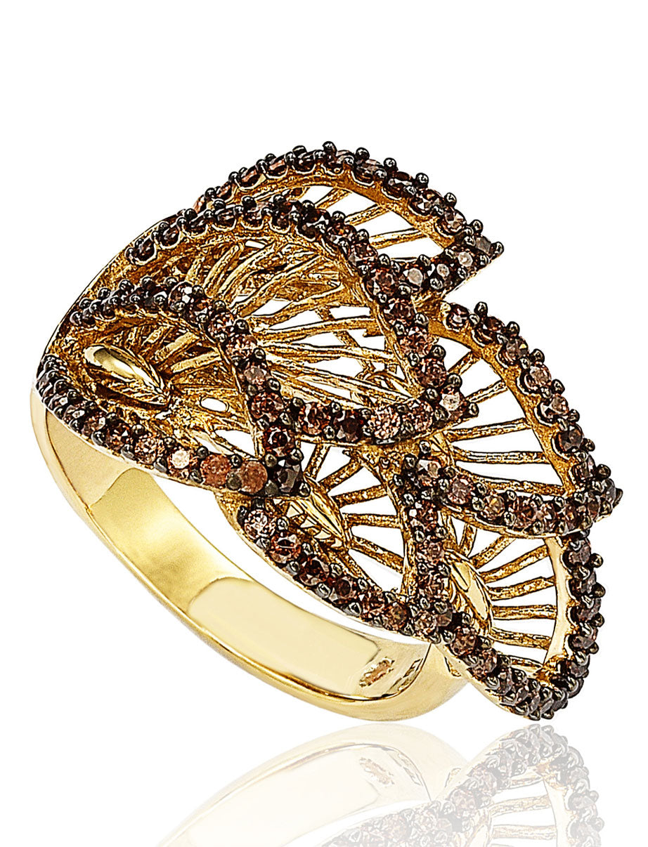 Suzy Levian Pave Cubic Zirconia Brown Leaf Sterling Silver Ring