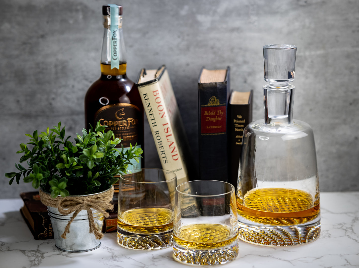 Suzy Levian Crystal Decanter and Cups 5 Piece Whiskey Set
