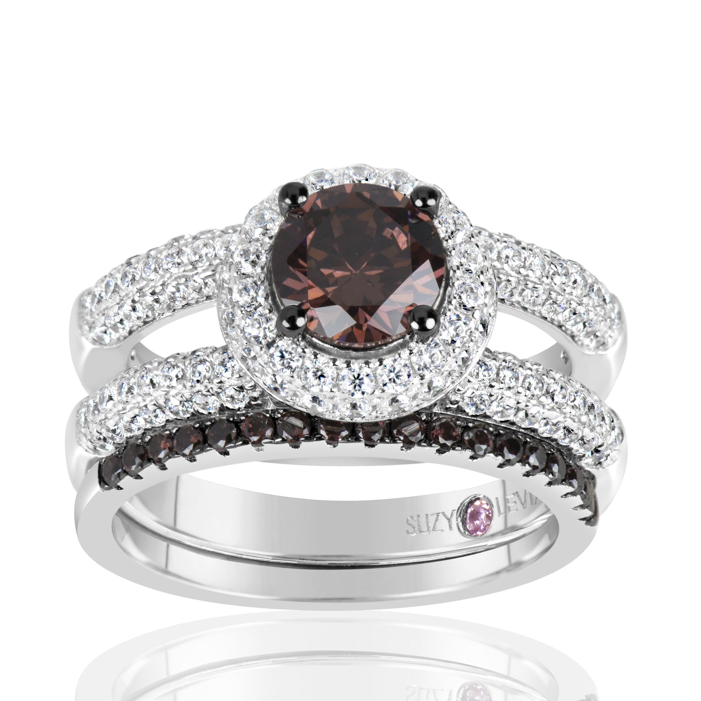 Suzy Levian Sterling Silver Brown Brown and White Cubic Zirconia 2-Piece Engagement Ring