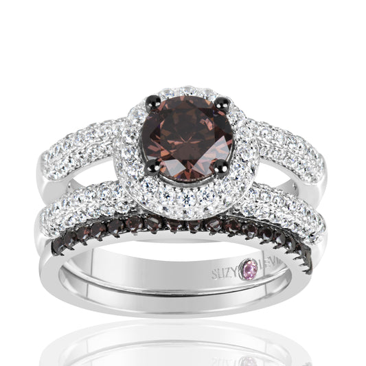 Suzy Levian Sterling Silver Brown Brown and White Cubic Zirconia 2-Piece Engagement Ring