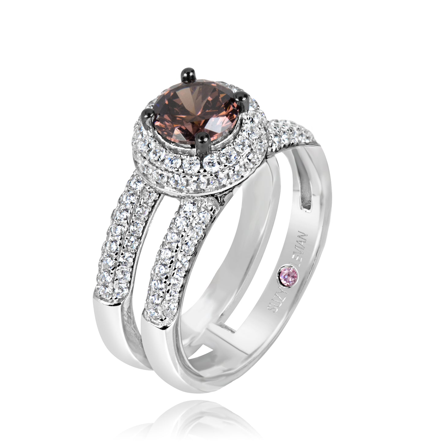 Suzy Levian Sterling Silver Brown Brown and White Cubic Zirconia 2-Piece Engagement Ring
