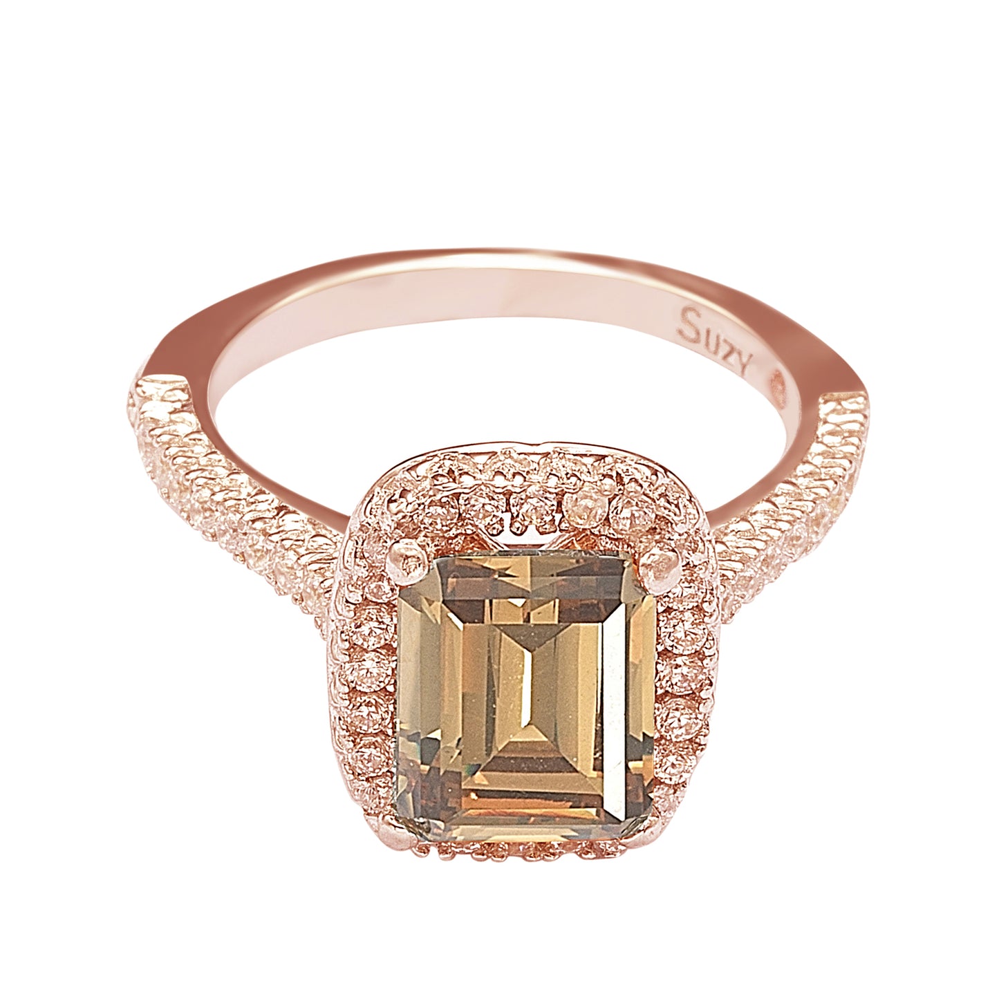 Suzy Levian Bridal Brown Cubic Zirconia with Halo Rose Sterling Silver Ring