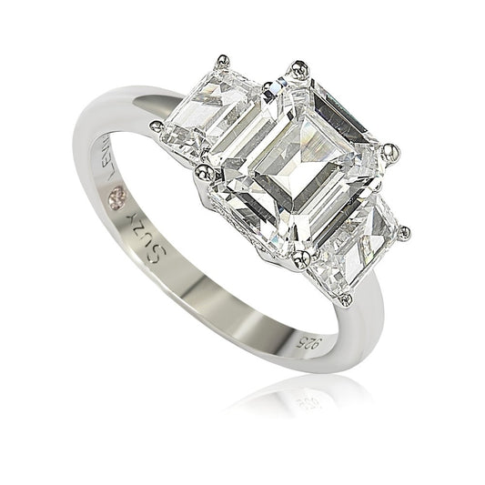 Suzy Levian Sterling Silver Emerald Cut 3.50cttw Cubic Zirconia 3-Stone Engagement Ring