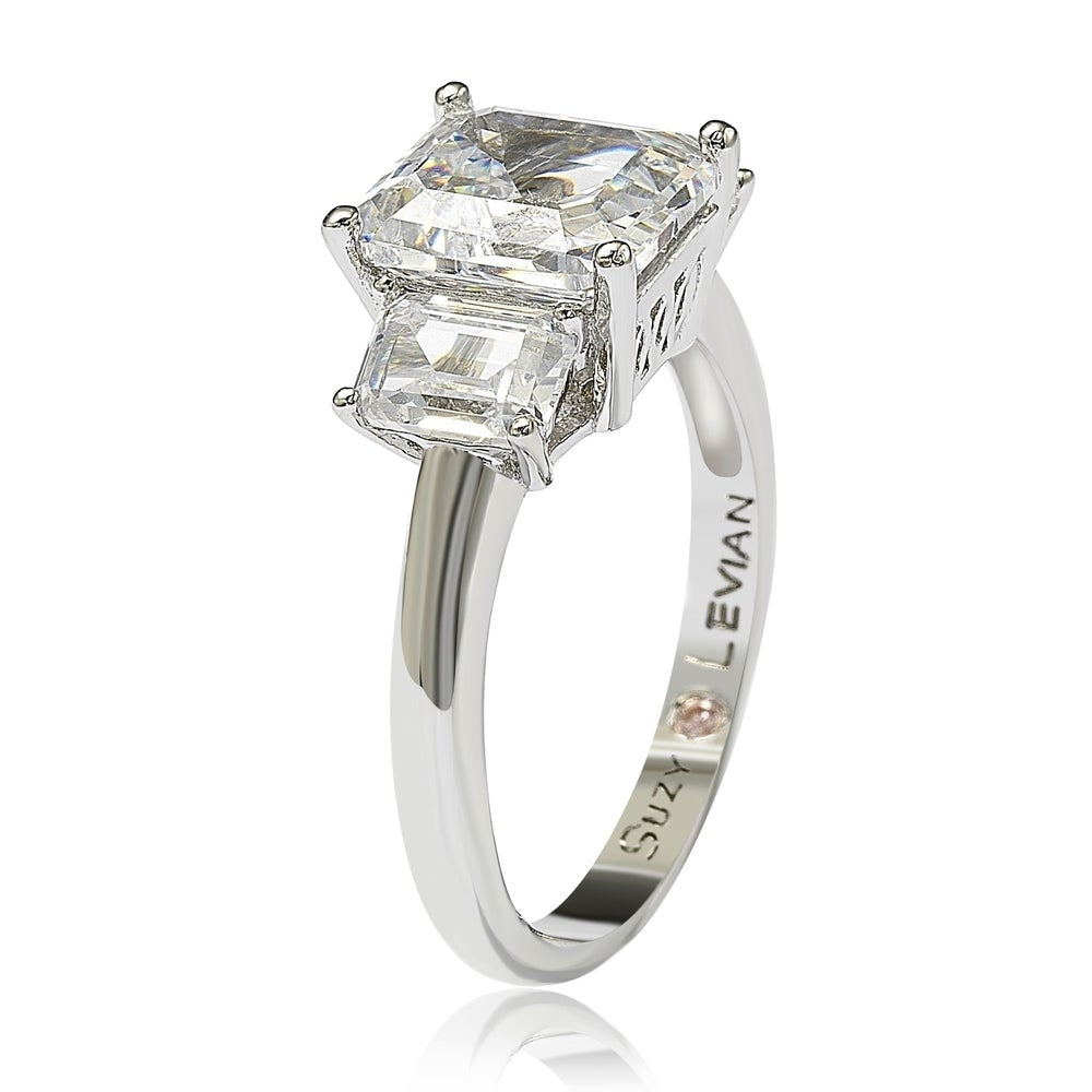 Suzy Levian Sterling Silver Emerald Cut 3.50cttw Cubic Zirconia 3-Stone Engagement Ring