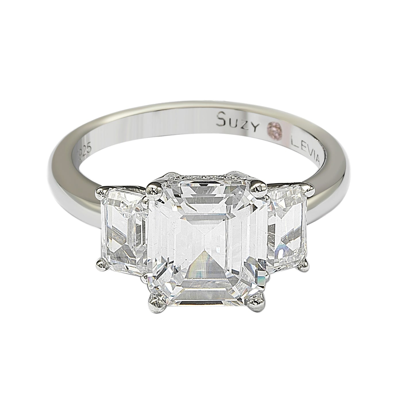 Suzy Levian Sterling Silver Emerald Cut 3.50cttw Cubic Zirconia 3-Stone Engagement Ring